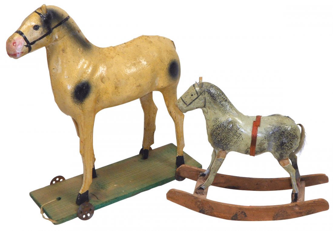 Toy horses (2), wood & papier-mÃ¢chÃ© pull toy (missing: Toy horses (2), wood & papier-mÃ¢chÃ© pull toy (missing tail) & rocker, Good/VG cond, 5.5"-8.75"H.