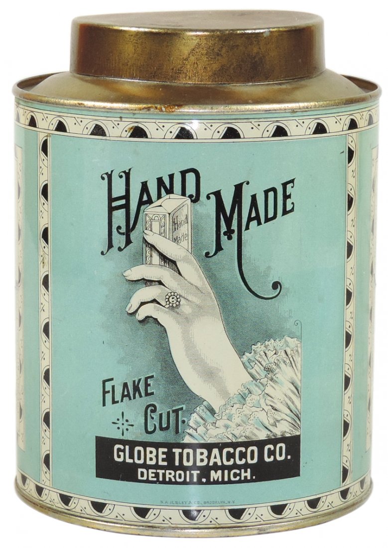 Tobacciana, Globe Tobacco Co. tin, Detroit, MI, Hand: Tobacciana, Globe Tobacco Co. tin, Detroit, MI, Hand Made Flake Cut, litho on metal w/nice hand graphic, Exc/Near-Mint cond, 6.5"H.