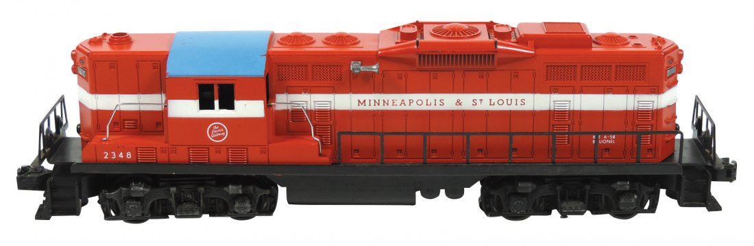 Model train car, Lionel O gauge, 2348 Minneapolis & St.: Model train car, Lionel O gauge, 2348 Minneapolis & St. Louis locomotive, GP9 diesel, built 6-58, Exc cond, 14.5"L.