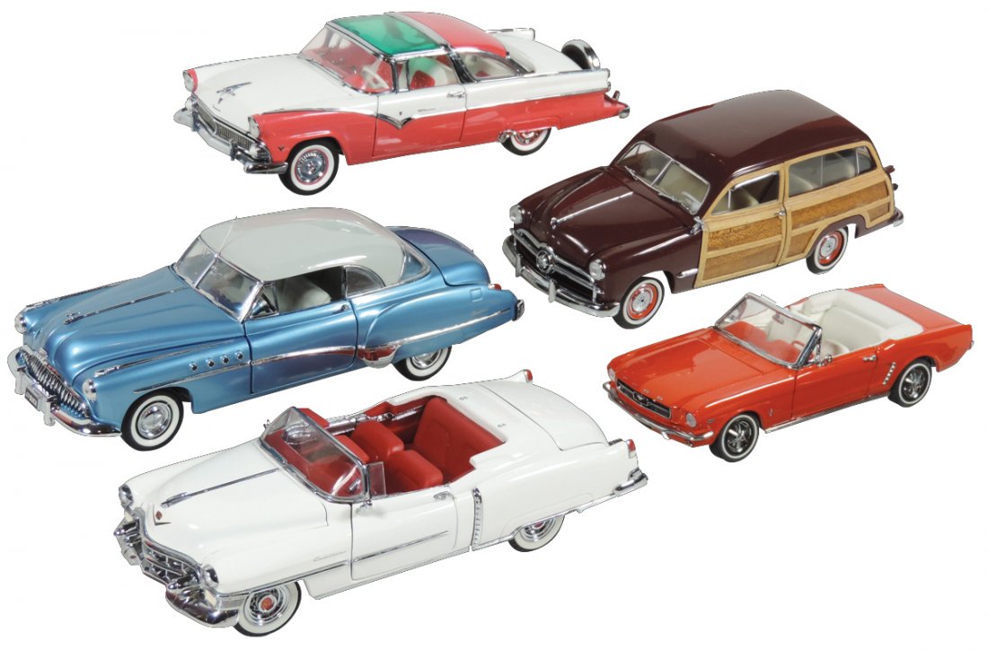 Model cars (5), Precision 1949 Ford Woody Wagon, 1953: Model cars (5), Precision 1949 Ford Woody Wagon, 1953 Cadillac El Dorado convertible, 1949 Buick Dynaflow, 1964-1/2 Ford Mustang convertible & 1955 Ford Crown Victoria w/sun roof, all greatly detailed
