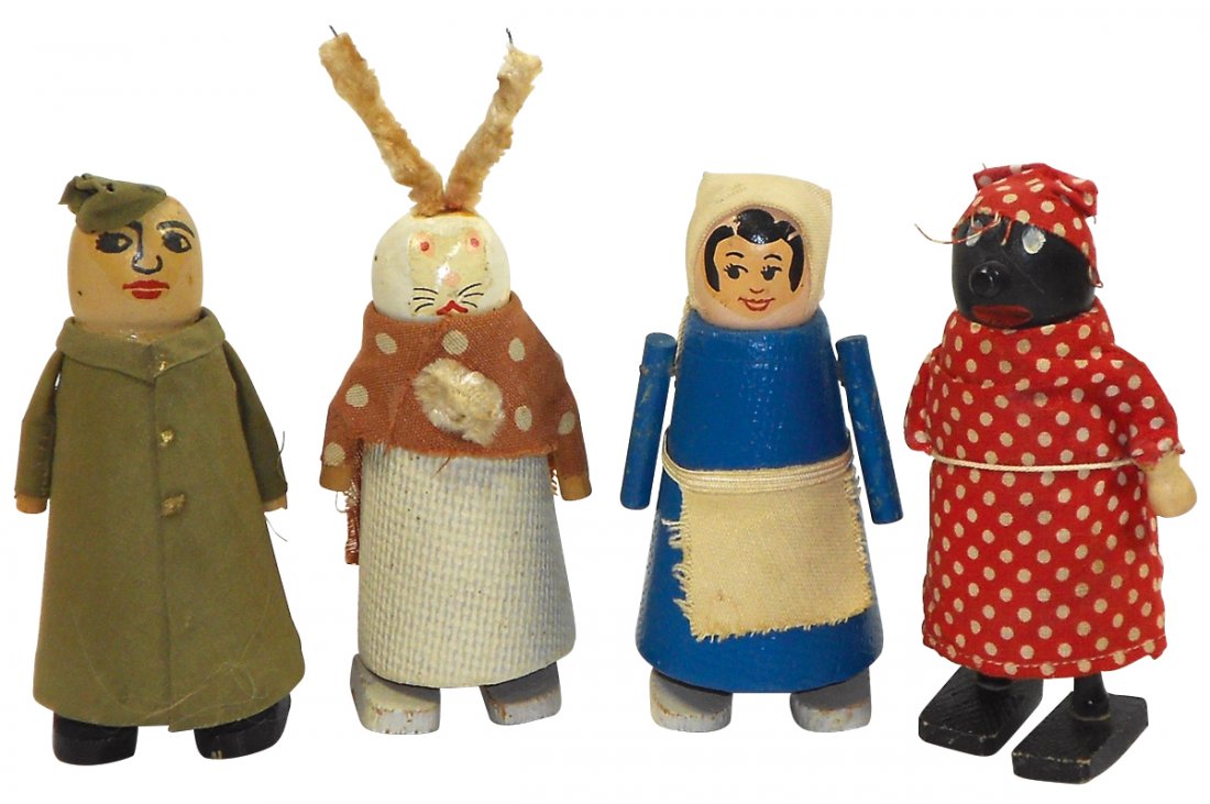 Toy ramp walkers (4), soldier, Black Mammy (missing one: Toy ramp walkers (4), soldier, Black Mammy (missing one hand), Rabbit & Nurse, all wood, cardboard & fabric, VG cond, approx 4.75"H.