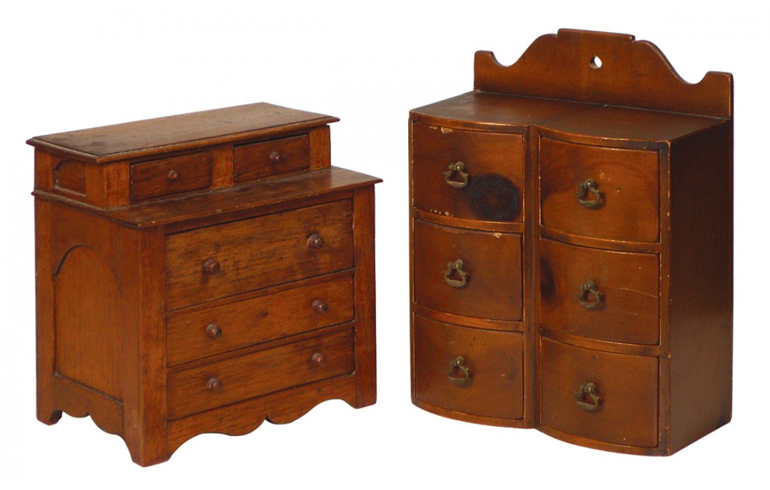 Child's dresser & wall spice rack (2), step back: Child's dresser & wall spice rack (2), step back child's dresser w/2 handkerchief & 3 larger drwrs & 6-drwr wall cabinet w/decorative metal pulls, both VG cond, 8"-10.5"H.