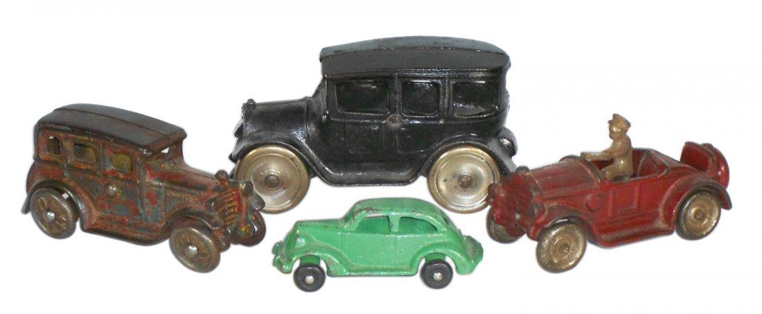 Toy vehicles (4), Kilgore coupe w/rumble seat & driver;: Toy vehicles (4), Kilgore coupe w/rumble seat & driver; A. C. Williams sedans & Arcade sedan, VG & Exc cond, 3.25"-5"L.