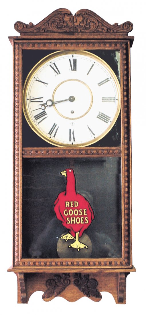 Shoe store advertising clock, Red Goose, mfgd: Shoe store advertising clock, Red Goose, mfgd by Sessions w/fancy oak case, Exc working cond, 38"H x 14.5"W.