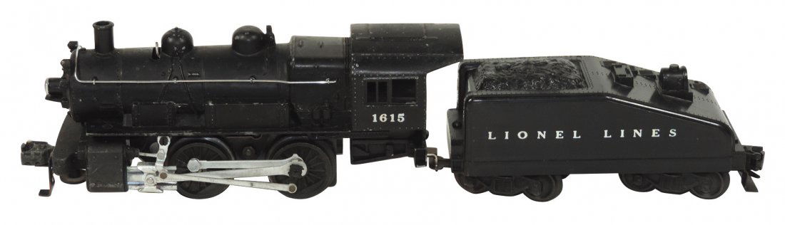 Model train cars (2), Lionel Lines O gauge, LL 1615: Model train cars (2), Lionel Lines O gauge, 1615 switch engine 0-4-0 w/tender, VG+/Exc cond, engine 9.5", tender 7"L.