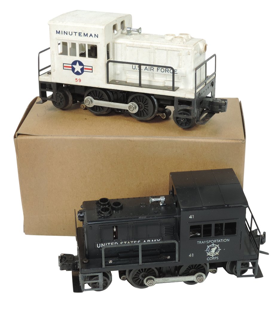 Model train cars (2), Lionel O gauge, 41 diesel: Model train cars (2), Lionel O gauge, 41 diesel locomotives: United States Army, VG+/Exc cond, 7.5"L & #59 U.S. Air Force Minuteman w/box, Good cond, 7"L.