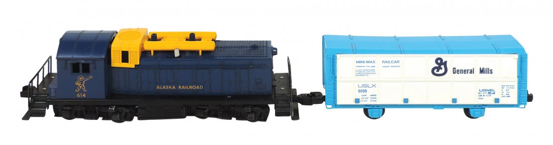 Model train cars (2), Lionel O gauge, 614 Alaska: Model train cars (2), Lionel O gauge, 614 Alaska Railroad, Rare, VG/Exc cond, 12.5"L & 9090 General Mills MiniMax, VG/Exc cond, 9.5"L