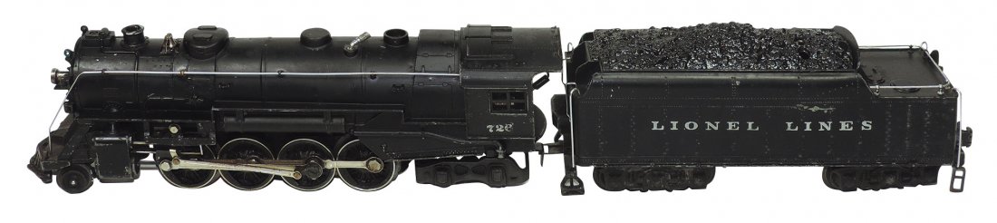 Model train cars (2), Lionel O gauge, 726 engine, 12"L: Model train cars (2), Lionel O gauge, 726 engine, 12"L & 2426W tender, 9.5"L, both VG+/Exc cond.