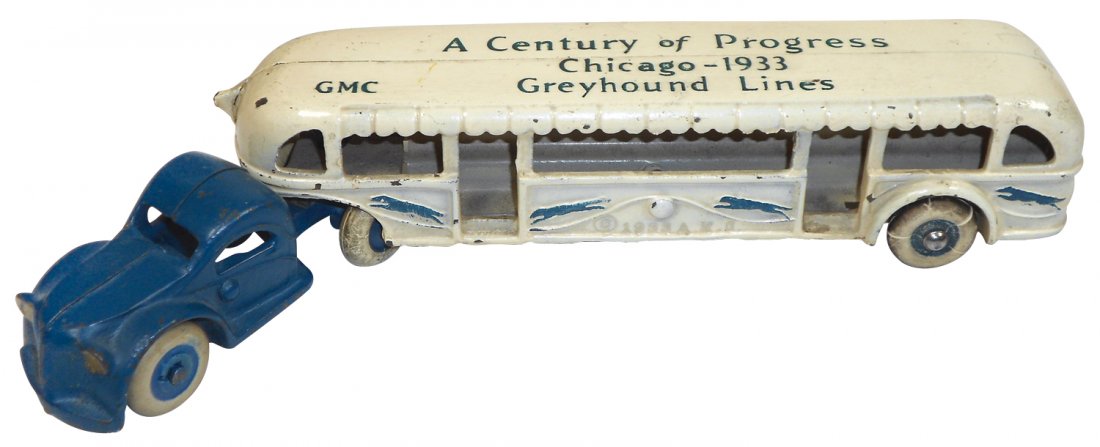 Toy bus, Arcade No. 3220 Century of Progress-Chicago: Toy bus, Arcade No. 3220 Century of Progress-Chicago Bus, c.1933, cast iron w/orig paint, Exc cond, 10.5"L.