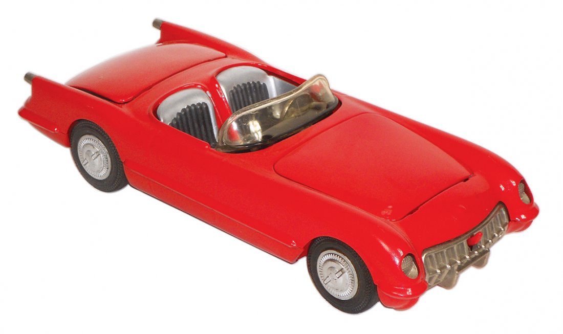 Toy car, Hubley Kiddie Toy No. 509, made in Lancaster,: Toy car, Hubley Kiddie Toy No. 509 c.1955-56 Corvette, made in Lancaster, PA, hood & trunk lift, Exc cond, 13"L.