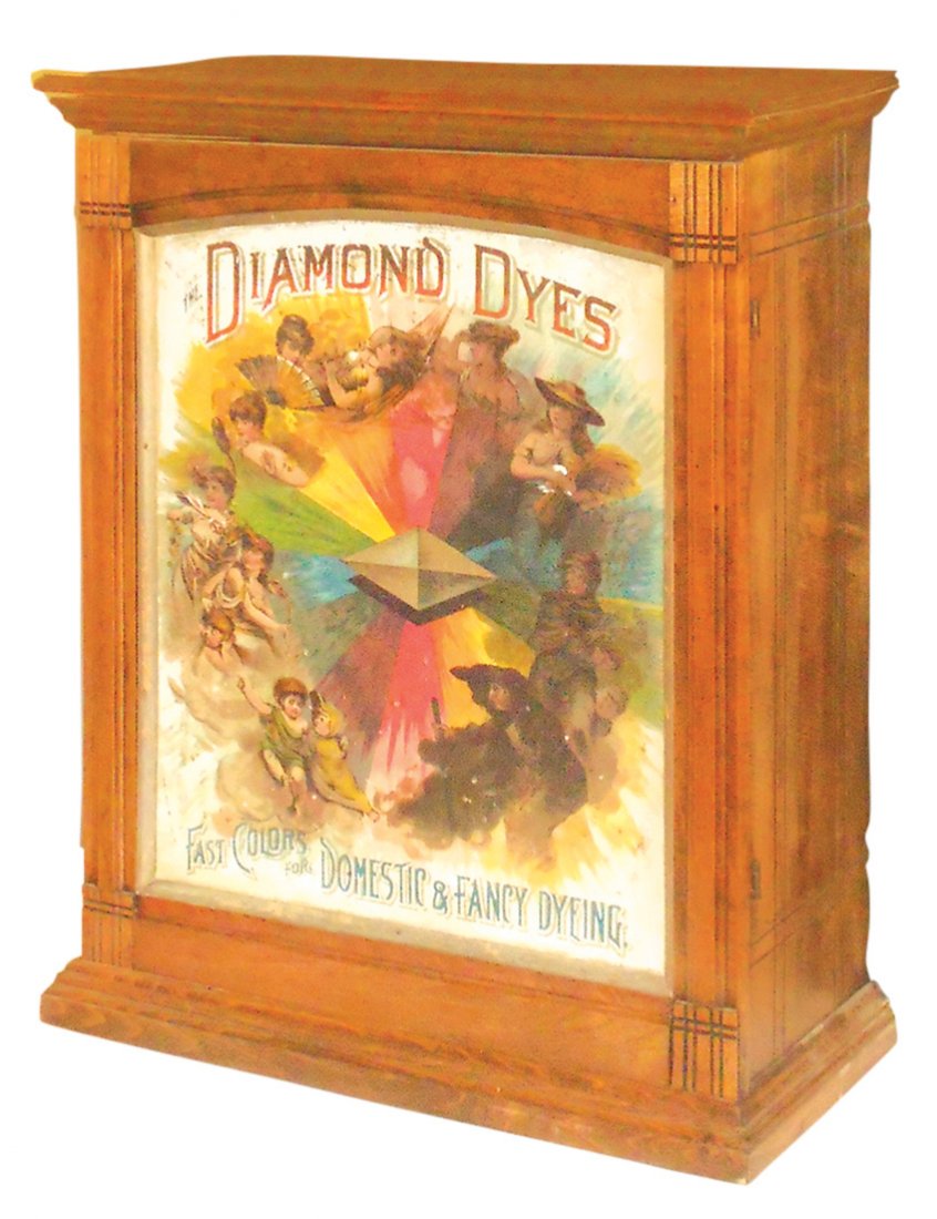 Country store Diamond Dye cabinet, Evolution of Woman,: Country store Diamond Dye cabinet, Evolution of Woman, wood w/tin litho insert & sliding back doors, c.1890, VG cond w/some roughness on insert, 30.25"H x 23"W x 10"D.