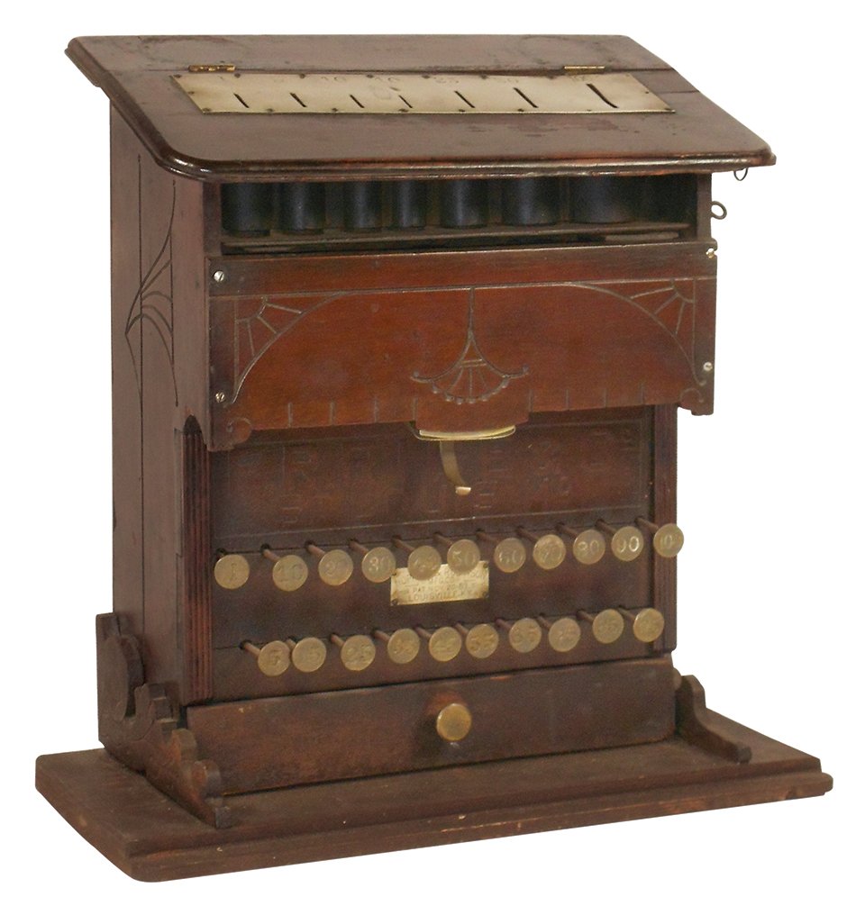 Country store coin changer, Hopkins & Robinson Mfg.: Country store coin changer, Hopkins & Robinson Mfg. Co.-Louisville, KY brass plate, patd Nov 20, 1883, hardwood w/Eastlake design, pressed front reads F.R. Rice & Co.-St. Louis, lift top to reveal 1 C