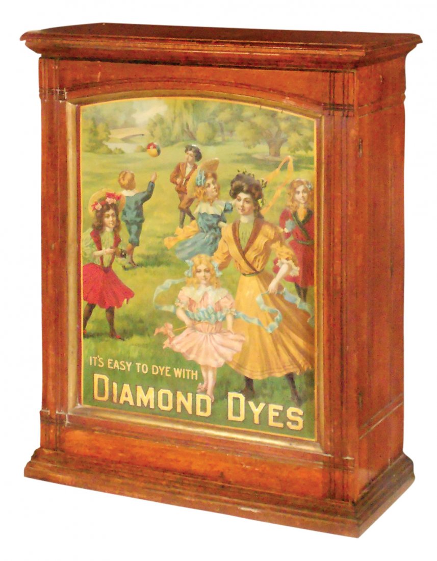 Country store Diamond Dyes cabinet, Governess, Wells &: Country store Diamond Dyes cabinet, Governess, Wells & Richardson Co., embossed tin litho insert, c.1906, Exc orig cond, 30"H x 22"W x 10"D.