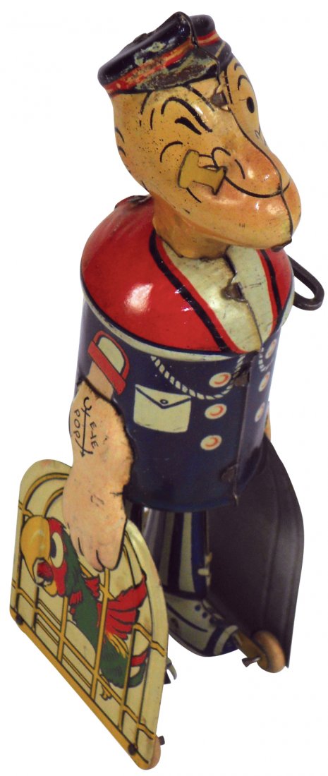 Toy windup, Marx Popeye carrying parrots in cages,: Toy windup, Marx Popeye carrying parrots in cages, litho on tin, c.1935, some paint loss on hat, o/wise Exc working cond, 8.5"H.