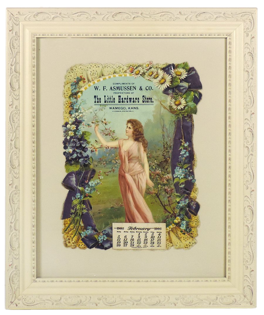 Hardware store diecut calendar, The Little Hardware: Hardware store diecut calendar, The Little Hardware Store-Wamego, KS, Compliments of W. F. Asmussen & Co., 1905 Feb-Dec pad, Exc cond, 17"H x 14"W.