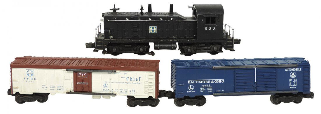 Model train cars (3), Lionel O gauge, 623 locomotive: Model train cars (3), Lionel O gauge, 623 locomotive diesel switch engine, Atchison Topeka & Santa Fe, VG; 6468 Baltimore & Ohio automobile car, double-door, 5-53, VG+ & 6672 Santa Fe The Route of the