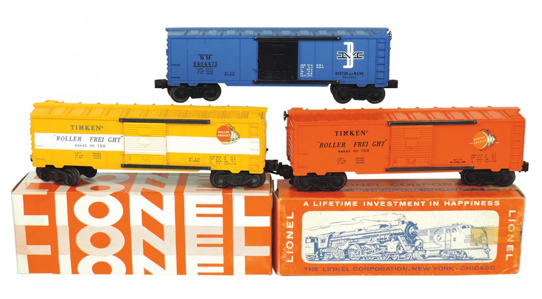Model train cars (3), Lionel O gauge, 6464-475 Boston: Model train cars (3), Lionel O gauge, 6464-475 Boston Maine #2 w/box, dated 2-57, VG; 6464-500 Timken Roller Freight #1, 3-57, VG w/box & 6464-500 Timken Roller Freight, 1-71, Exc cond, 10.5"L.