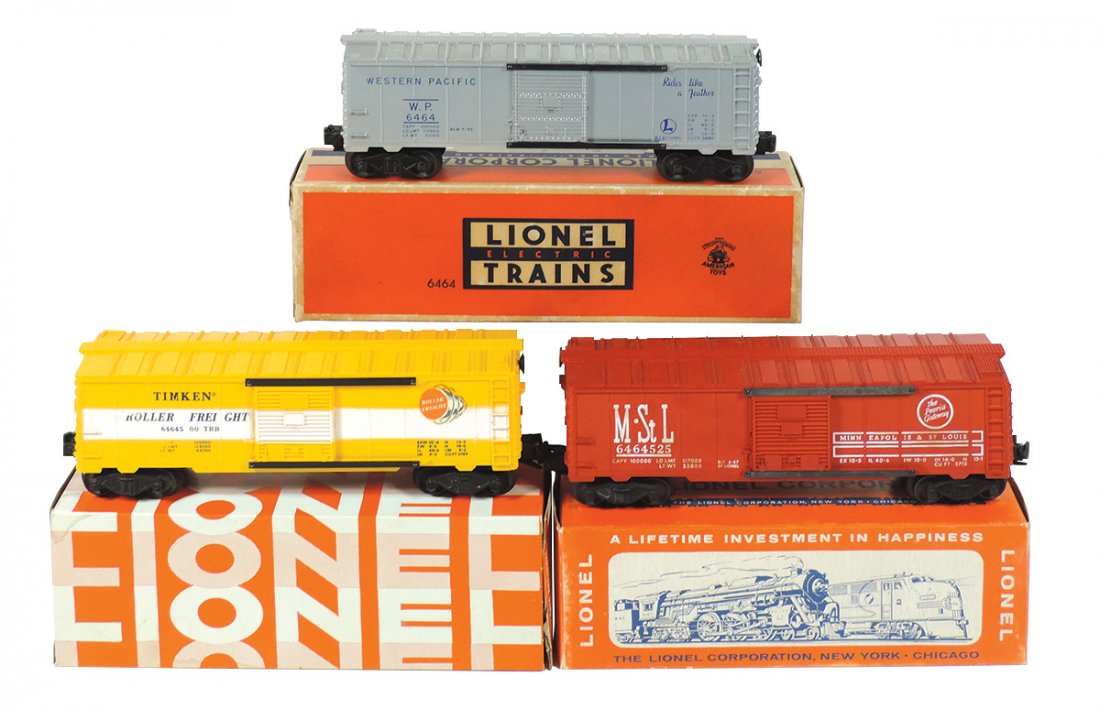 Model train cars (3), Lionel O gauge, 6464-500 Timken: Model train cars (3), Lionel O gauge, 6464-500 Timken Roller Freight #2, Exc; 6464-525, Minneapolis & St. Louis #1 The Peoria Gateway, 6-57, Good & 6464-1 Western Pacific, 5-53, VG+/Exc cond, all w/bo