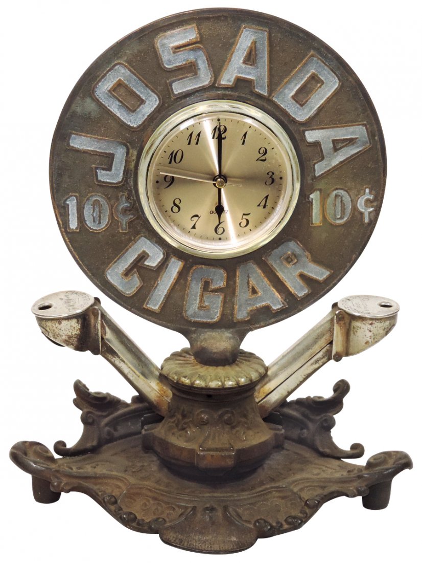 Tobacciana, advertising cigar cutter, Josada 10 Cent: Tobacciana, advertising cigar cutter, Josada 10 Cent Cigar, mfgd by The Brunhoff Mfg. Co.-Cinc., unusual double cutter, VG cond w/replacement quartz clock, 11.5"H x 9.5"W.