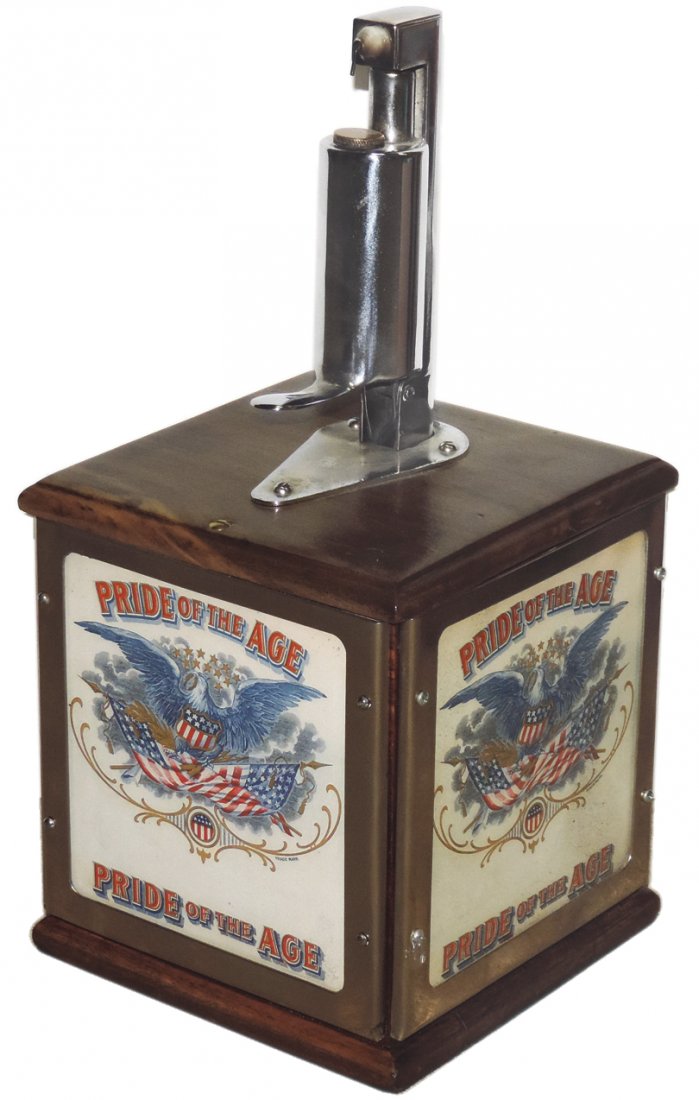 Tobacciana, cigar lighter, Midland Jump Spark, mfgd by: Tobacciana, cigar lighter, Midland Jump Spark, mfgd by Davenport Mfg. Co.-Davenport, IA, Model L w/Pride Of The Age adv panels on 3 sides, brass maker's plate on back, Exc working cond, 15"H x 7.25"W.