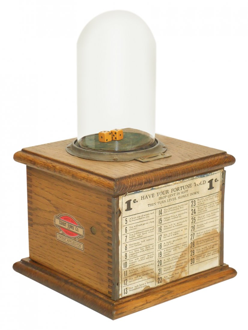 Gambling device, 1 Cent Exhibit Supply Dicer, oak base,: Gambling device, 1 Cent Exhibit Supply Dicer, oak base, glass dome top w/key & cdbd "Have Your Fortune Told" instructions on back, staining on instructions, o/wise VG cond, 14"H x 8.5"W x 8.5"D.