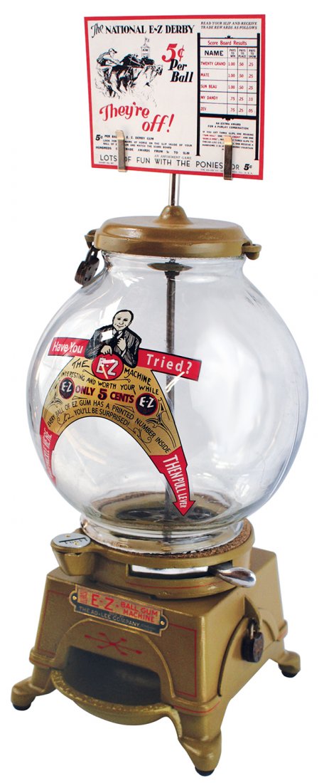 Coin-operated gambling gumball machine, Ad-Lee EZ, 5: Coin-operated gambling gumball machine, Ad-Lee EZ, 5 Cent, Patd 15 Sept 1908, orig globe w/replacement decal & top sign, restored in the orig colors, comes w/2 vintage AMCO padlocks & keys, a desirabl