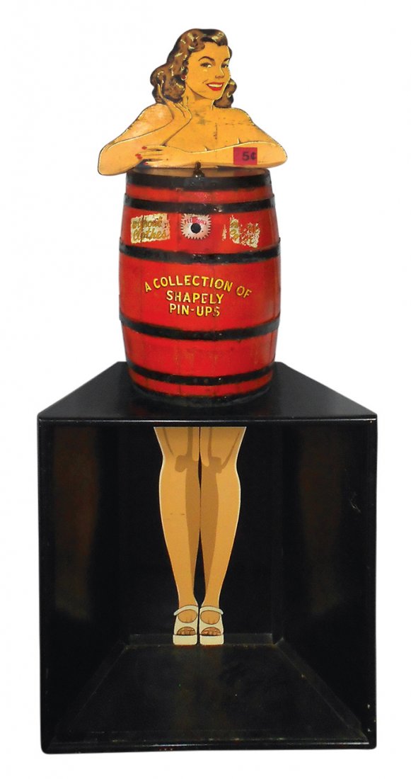 Coin-operated arcade peepshow, "A Collection of Shapely: Coin-operated arcade peepshow, "A Collection of Shapely Pin Ups-5 Cents", look through the peephole to see only clothespins in various colors, very amusing, VG cond w/average wear, 71"H x 31"W x 16.5"