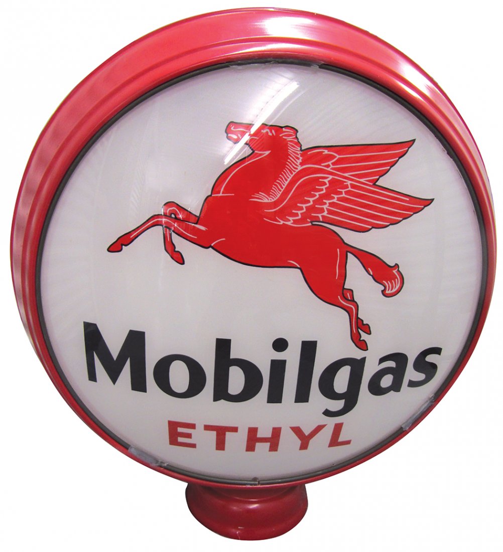 Petroliana gasoline globe, Mobilgas Ethyl, metal body: Petroliana gasoline globe, Mobilgas Ethyl, metal body w/2 glass lenses, VG+ cond w/repainted body, 21.5"H x 20"W.