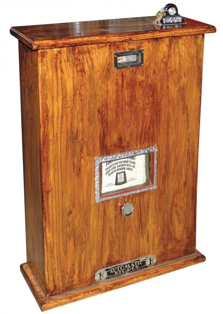 Coin-operated machine, 1 Cent Question/Answer machine: Coin-operated machine, 1 Cent Question/Answer machine by J.D. Drusnell Co.-Chicago, "Turn to question you want to answer, drop coin & answer will appear in window above", wood case w/metal trim, Exc r
