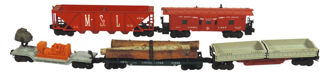 Model train cars (5), Lionel O gauge, 6536 Minneapolis: Model train cars (5), Lionel O gauge, 6536 Minneapolis & St. Louis 4-bay hopper, 6-58, VG; Lionel Lines: 6361 log hauler; 6520 searchlight w/generator, VG; 6517 caboose, 12-55, Exc & 335955 2-bay dump
