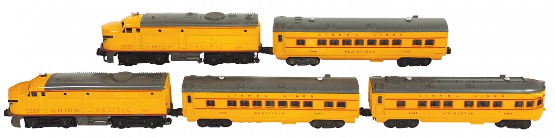 Model train cars (5), Lionel O gauge 50th Anniversary: Model train cars (5), Lionel O gauge 50th Anniversary set: (2) 2023 Alco FA Diesel; 2481 Westfield coach; 2482 Plainfield coach & 2483 Livingston observation, Rare, VG+/Exc cond, 11"-12"L.