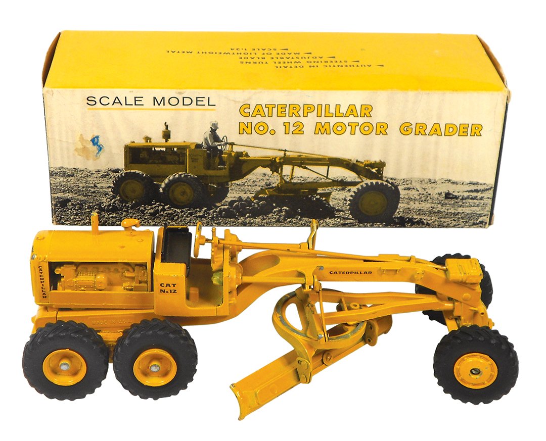 Toy, Caterpillar No. 12 motor grader in orig box, box: Toy, Caterpillar No. 12 motor grader in orig box, box shows "Manufactured by the Eska Co, Inc," Exc NOS cond, toy 4.5"H x 12.75"L.