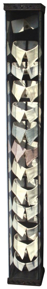 Country store collar display case, wood case w/ 3 glass: Country store collar display case, wood case w/ 3 glass sides & metal top, single column displays 13 collars, Illinois Show Case Works-Chicago (orig cdbd "Dust and Rain" tag on back of display), Exc c