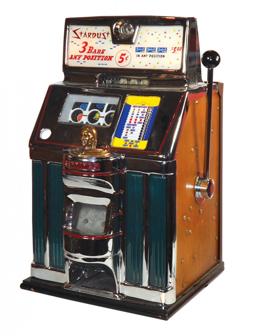 Coin-operated slot machine, Jennings Club Chief, 5: Coin-operated slot machine, Jennings Club Chief, 5 Cent mechanical light-up, orig to the Stardust Casino in Las Vegas, Exc restored working cond, 27"H x 17"W.