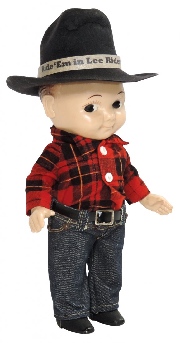 Doll, Buddy Lee Cowboy, celluloid w/movable arms,: Doll, Buddy Lee Cowboy, celluloid w/movable arms, dressed in Western Wear w/Lee Rider jeans & cowboy hat, Exc cond, 15"H.