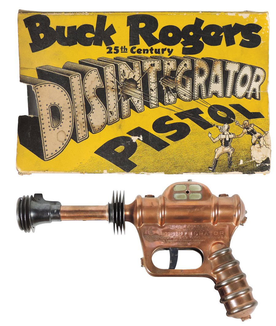 Toy gun, Buck Rogers' 25th Century Disintegrator Pistol: Toy gun, Buck Rogers' 25th Century Disintegrator Pistol pop gun, Daisy Mfg Co.-Plymouth, MA, metal, Exc cond w/ cdbd sleeve w/operating details, Good+ cond, gun VG working cond & 10"L.