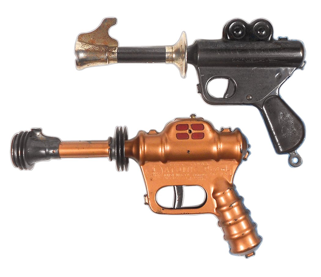 Toy guns (2), Buck Rogers 25th Century Atomic Pistol,: Toy guns (2), Buck Rogers 25th Century Atomic Pistol, Daisy Mfg Co.-Plymouth, MA & another w/"Buck Rogers 25th Century" inscribed on grip, both metal, VG cond, guns 10"L.