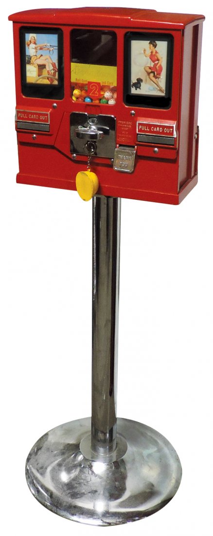 Coin-operated gum & card vendor, mfgd by Oak Mfg.: Coin-operated gum & card vendor, mfgd by Oak Mfg. Co.-CA, 1 Cent, dispenses gumball & Elvgren pinup cards, Exc restored cond on stand, 41"H x 13.5"W.
