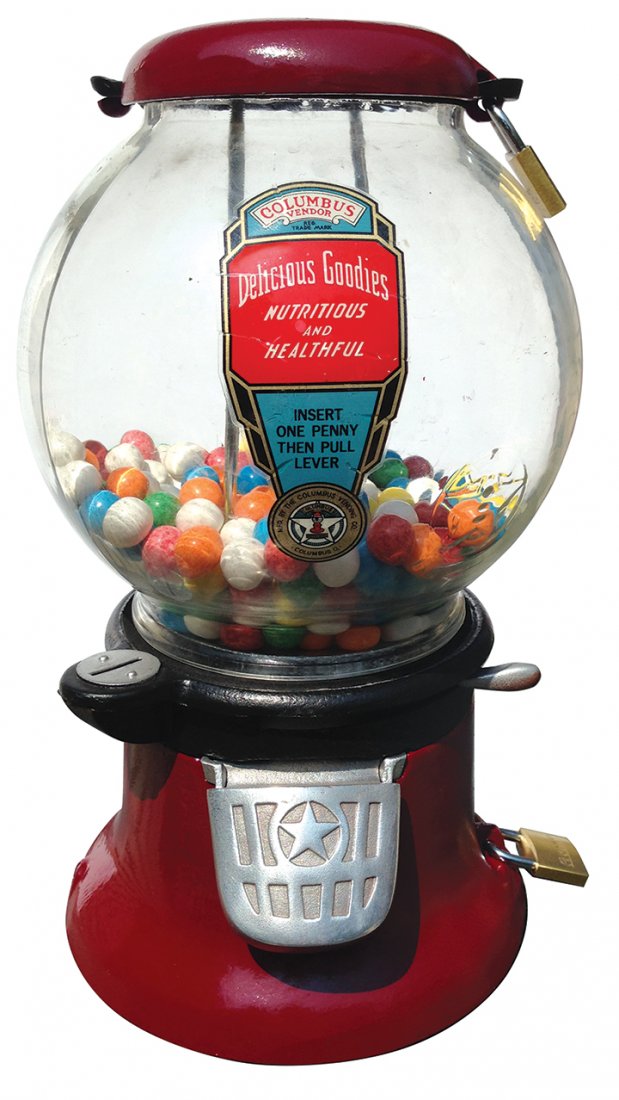 Coin-operated gumball machine, Columbus M, a 1 Cent: Coin-operated gumball machine, Columbus M, a 1 Cent cast aluminum c.1940's machine in Exc restored cond, 14"H.