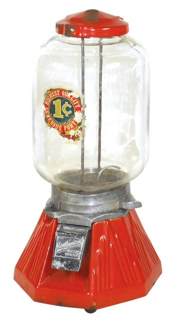 Coin-operated peanut machine, Northwestern 33, 1 cent,: Coin-operated peanut machine, Northwestern 33, 1 cent, red porcelain w/Deco base, mfgd by Northwestern-Morris, IL, VG cond w/porcelain chips, 16"H.