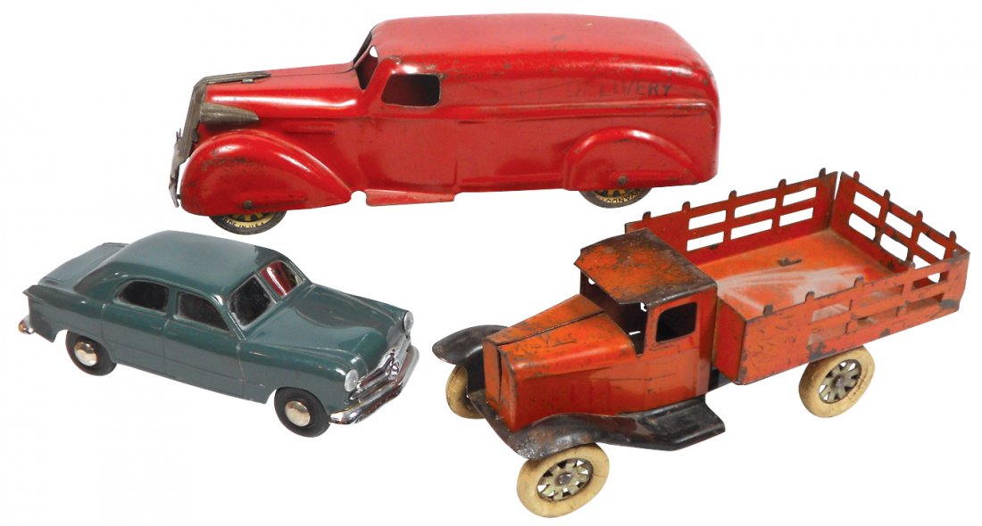 Toys (3), City Delivery Van, Wyandotte, missing back: Toys (3), City Delivery Van, Wyandotte, missing back door, o/wise VG cond; 11"L; unmarked Kingsbury stock truck, Good cond, 9.75"L & unmarked plastic/metal Ford windup promo car, c.1940's, 7.25"L.