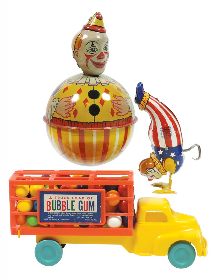 Toys (3), J. Chein USA Dancing Clown windup & Wobble: Toys (3), J. Chein USA Dancing Clown windup & Wobble Ball Clown, both metal along w/truck load of bubble gum (NOS), mfg for Sidney A. Torrson Co.-Chicago, plastic, all Exc cond, truck 3.25"H x 7.5"W.