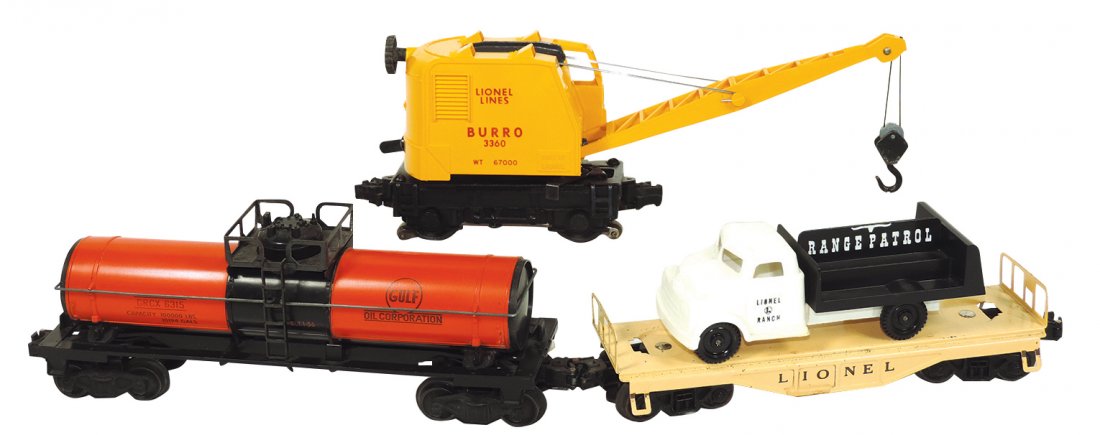 Model train cars (3), Lionel Lines O gauge, 3360: Model train cars (3), Lionel Lines O gauge, 3360 post-war operating burro crane, Exc cond, 11.5"L; Lionel range patrol, VG+ cond, 9.5"L & Lionel GRCX 6315 gulf tank, VG+ cond, 10.5"L.