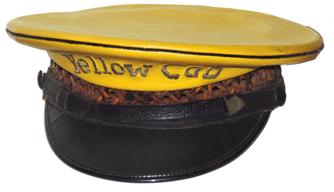 Automotive hat, Yellow Cab, inside tag shows Eagle: Automotive hat, Yellow Cab, inside tag shows Eagle Headware Manufacturing Co., 144 Second Street, San Fran, CA, leather w/rattan & leather trim, VG cond.