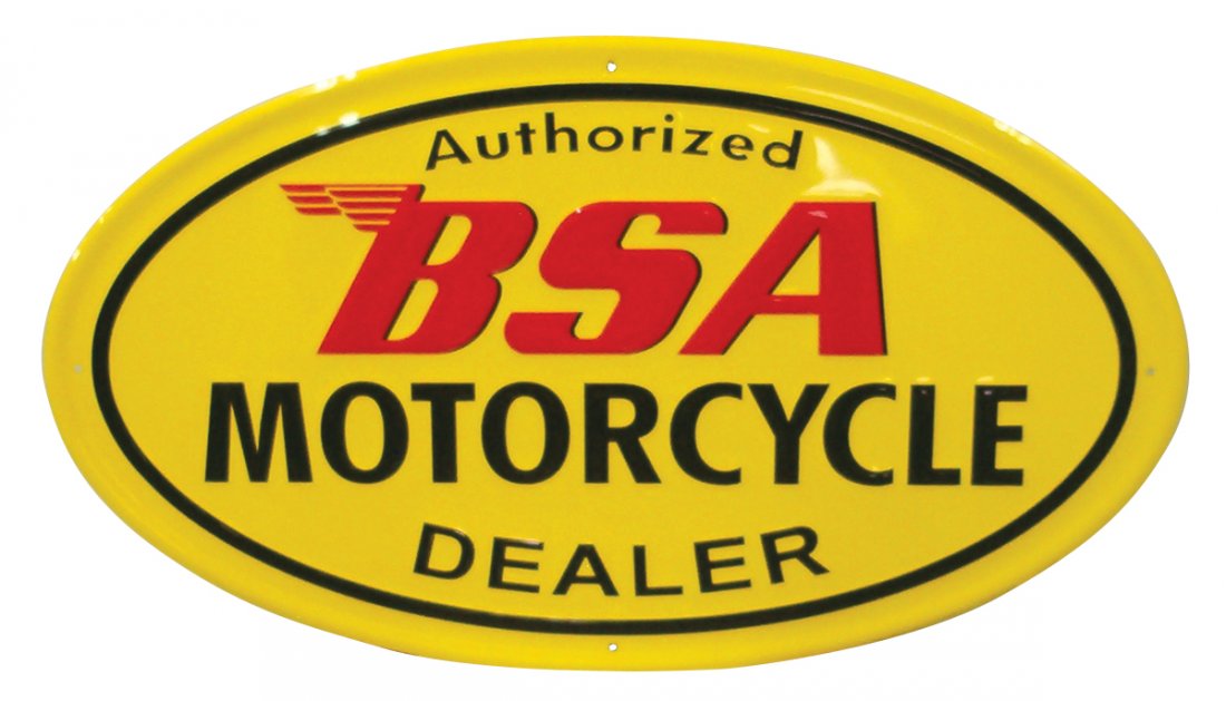 Motorcycle sign, Authorized BSA Motorcycle Dealer,: Motorcycle sign, Authorized BSA Motorcycle Dealer, metal, contemporary, Exc cond, 18"H x 31"W.