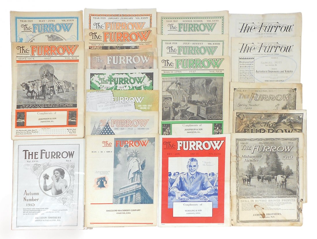 John Deere magazines (approx 32), The Furrow, issues: John Deere magazines (approx 32), The Furrow, issues from 1904-1955, plus undated complete issue & copies of several other magazine covers, some w/color & some from dealers, nice composite of JD histo