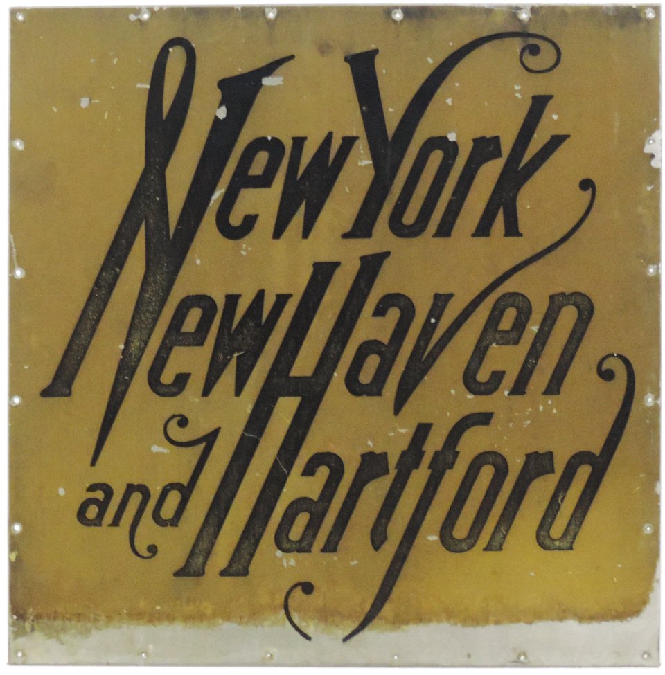 Railroad station sign, New York, New Haven and: Railroad station sign, New York, New Haven and Hartford, sand painted metal, Good+/VG cond, 24.25"Sq.