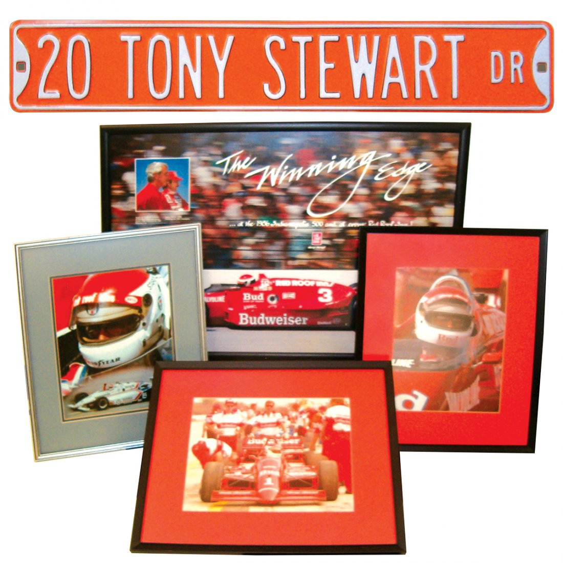 Automobile pictures & sign (5), 4 matted & framed Bobby: Automobile pictures & sign (5), 4 matted & framed Bobby Rahal 86 Championship Series pictures, 3 are signed, largest is 24"H x 33"W & Tony Stewart Dr. metal sign, all Exc cond.