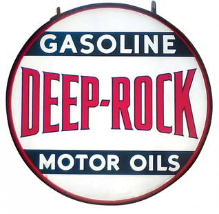 Petroliana sign, Deep-Rock Gasoline & Motor Oils,: Petroliana sign, Deep-Rock Gasoline & Motor Oils, 2-sided 3-color porcelain in orig steel frame, Near-Mint cond one side w/no losses, other side Exc w/one small area of loss, 48"Dia.