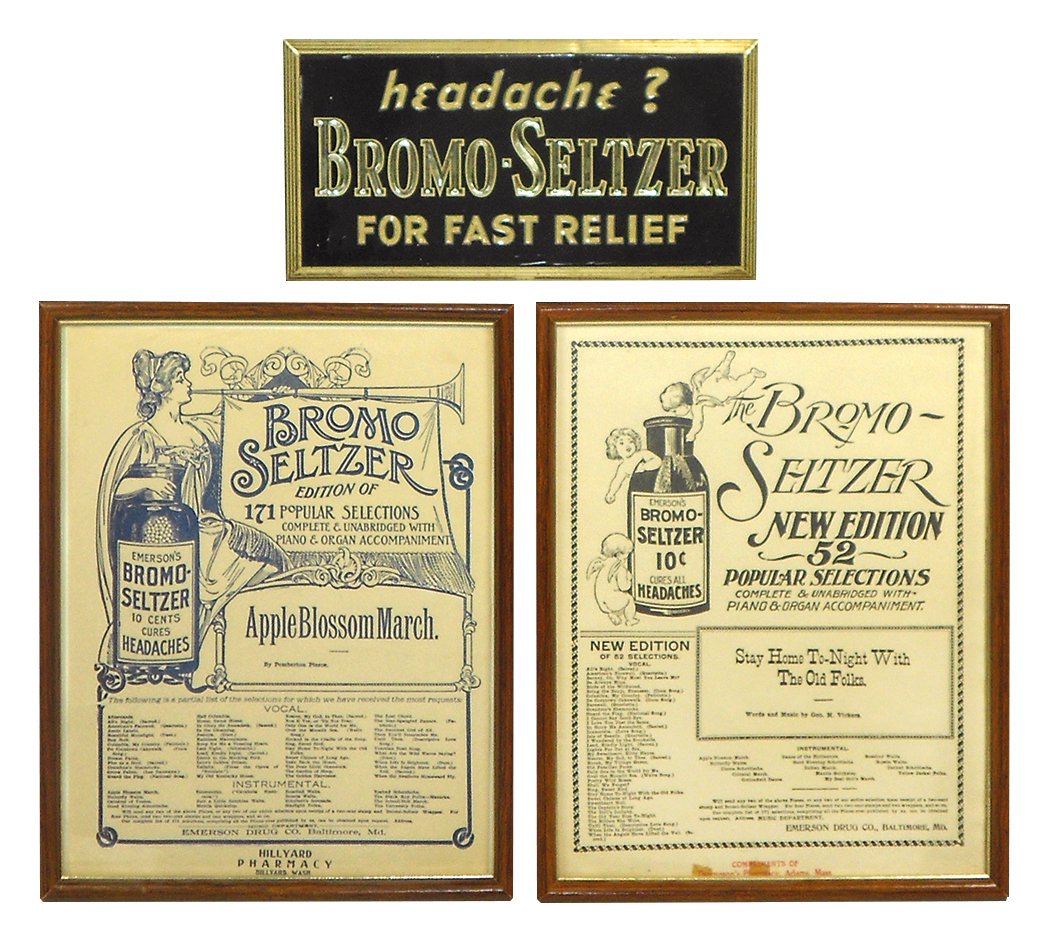Drug store sign & framed sheet music (3), metal sign: Drug store sign & framed sheet music (3), metal sign w/cdbd back for easel or string hanger, Good+ cond, 6"H x 12"W plus 2 framed sheet music ads, one inscribed "Hillyard Pharmacy-Hillyard, WA", other